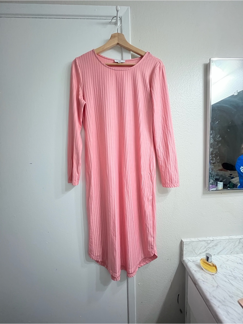 Women's Pink Long Sleeve Ribbed Midi Dress